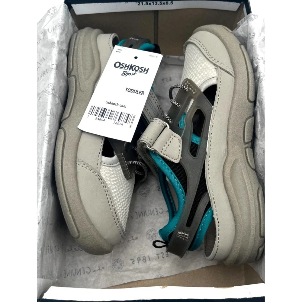 OshKosh Toddler Boys Slip-on Sport Sandals Size 8 Beige Gray‎ Aqua Closed Toe